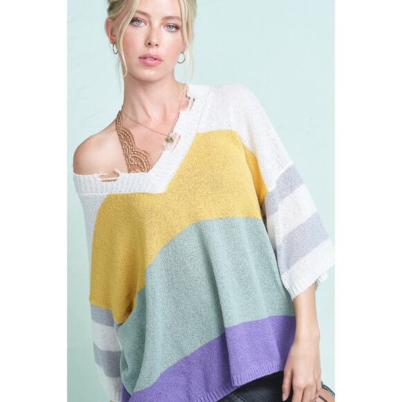 Becca Colorblock Distressed Sweater - Picture 1 of 6